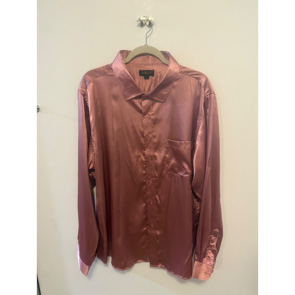 DiBanGu Rose Gold Satin Button Down Shirt XL Long Sleeve Silky Blouse Pocket